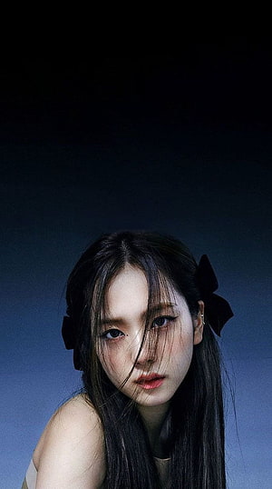 Kim Jisoo Portrait With Black Hair Bows Against Dark Blue Gradient Background HD phone wallpaper