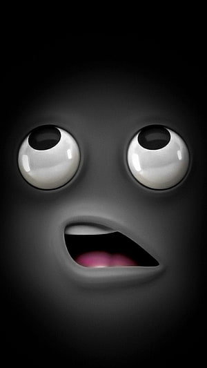 3D Black Emoji Face with Wide Eyes and Open Mouth on Dark Background HD phone wallpaper