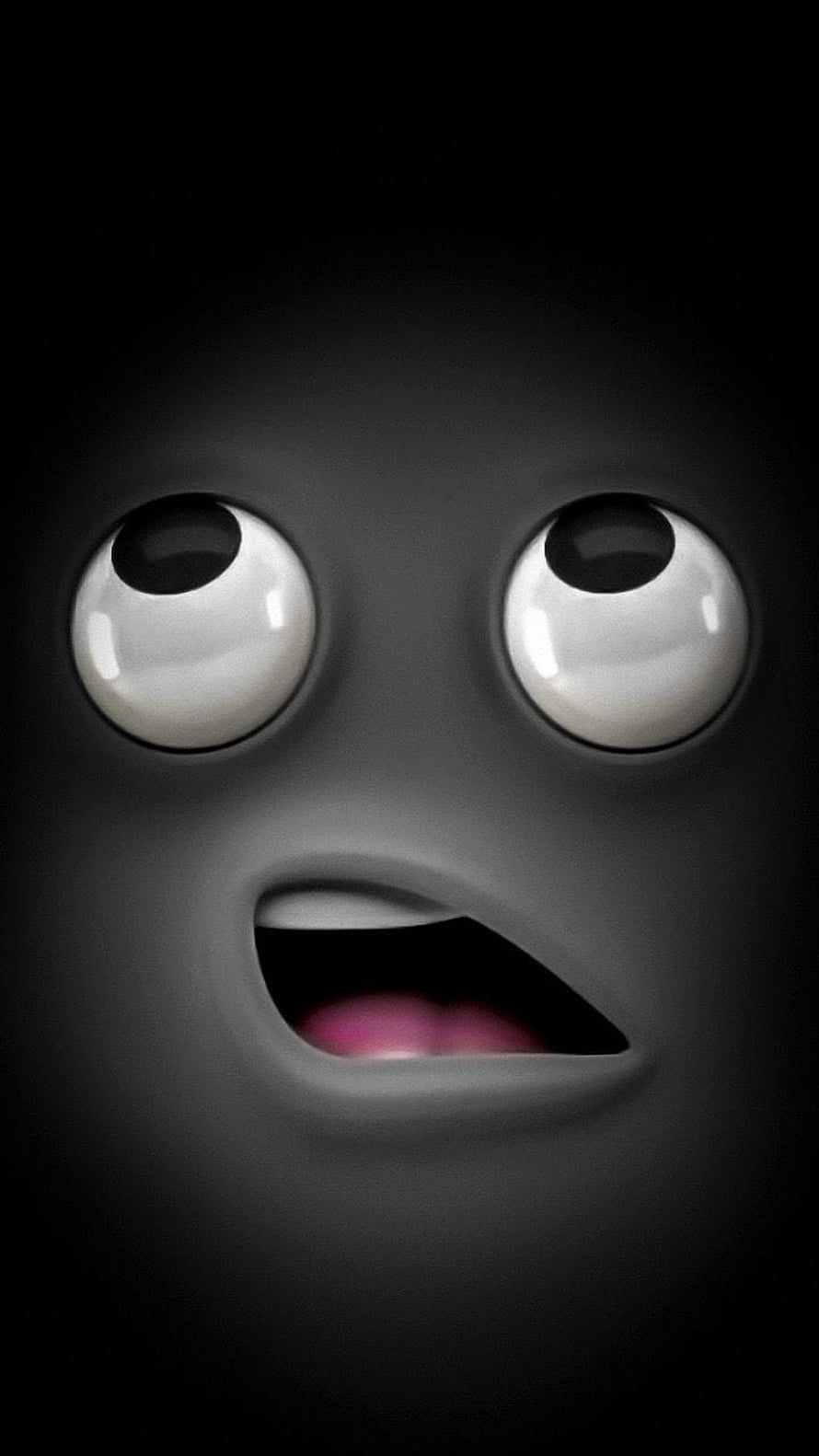 3D Black Emoji Face with Wide Eyes and Open Mouth on Dark Background HD phone wallpaper