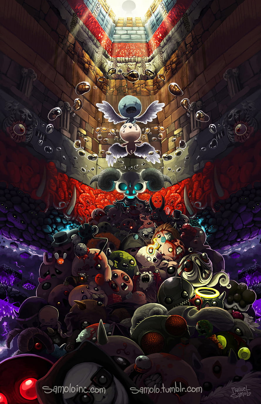 Binding of Isaac Repentance Dark Dungeon Artwork with Winged Angel and Monster Horde HD phone wallpaper