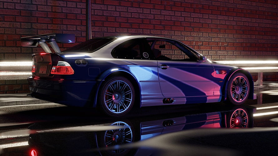 BMW M3 GTR Night Scene with Neon Reflections and Brick Wall Backdrop HD wallpaper