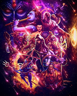 Vibrant Cosmic Hindu Pantheon Featuring Krishna, Shiva, Ganesha, and Hanuman in Digital Art, Hindu Gods In, all hindu gods HD phone wallpaper