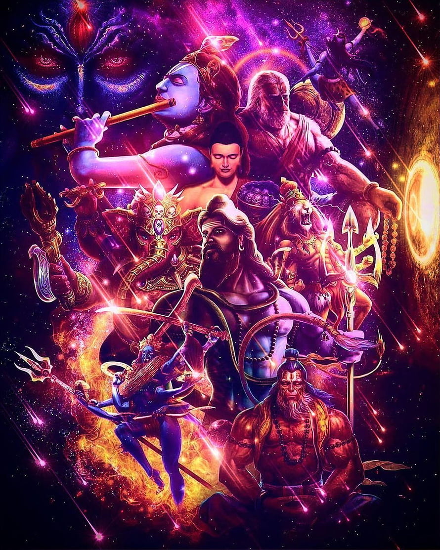 Vibrant Cosmic Hindu Pantheon Featuring Krishna, Shiva, Ganesha, and Hanuman in Digital Art, Hindu Gods In, all hindu gods HD phone wallpaper
