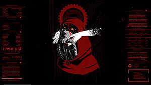Red Hooded Figure With Gas Mask And Cyberpunk Interface HD wallpaper
