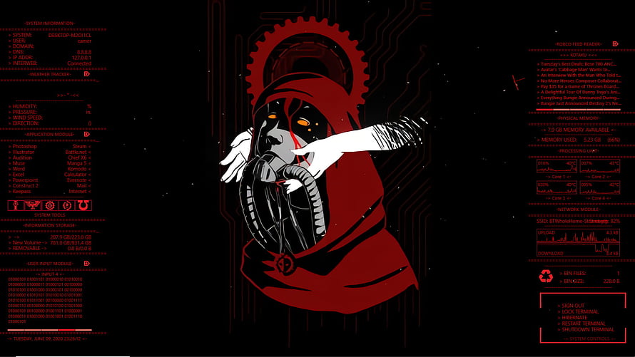 Red Hooded Figure With Gas Mask And Cyberpunk Interface HD wallpaper