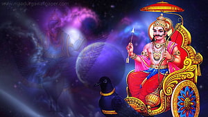 Shani Dev Seated on Ornate Chariot with Black Crow and Cosmic Background HD wallpaper