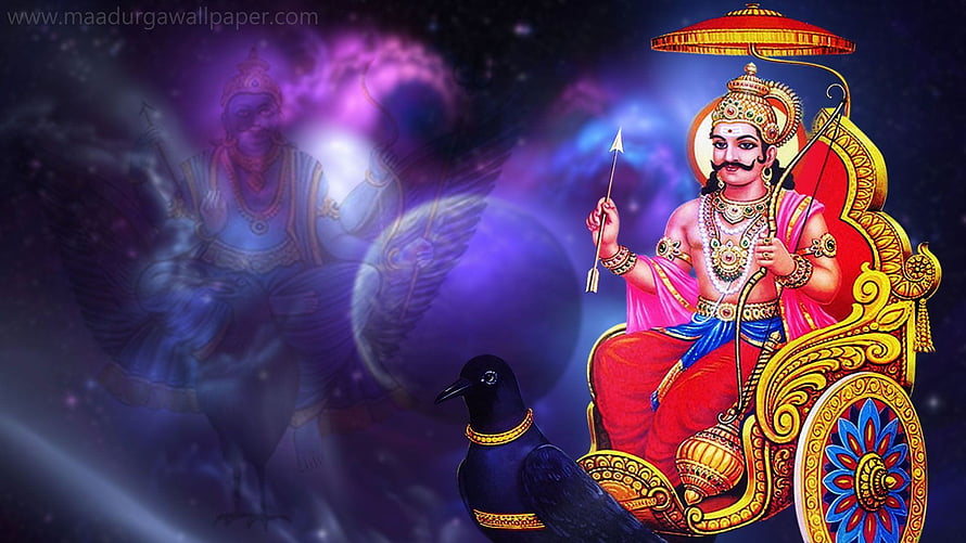 Shani Dev Seated on Ornate Chariot with Black Crow and Cosmic Background HD wallpaper
