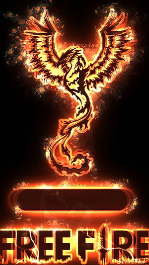 Garena Free Fire flaming phoenix logo wallpaper with fiery wings and glowing text on black background HD phone wallpaper