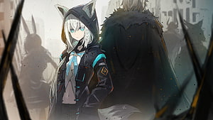 Anime Girl With Fox Ears And Hood In Dark Tactical Outfit Beside Cloaked Figure HD wallpaper