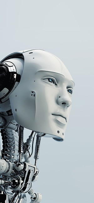 Futuristic Android Robot Head With Exposed Mechanical Neck And Blue Eyes HD phone wallpaper