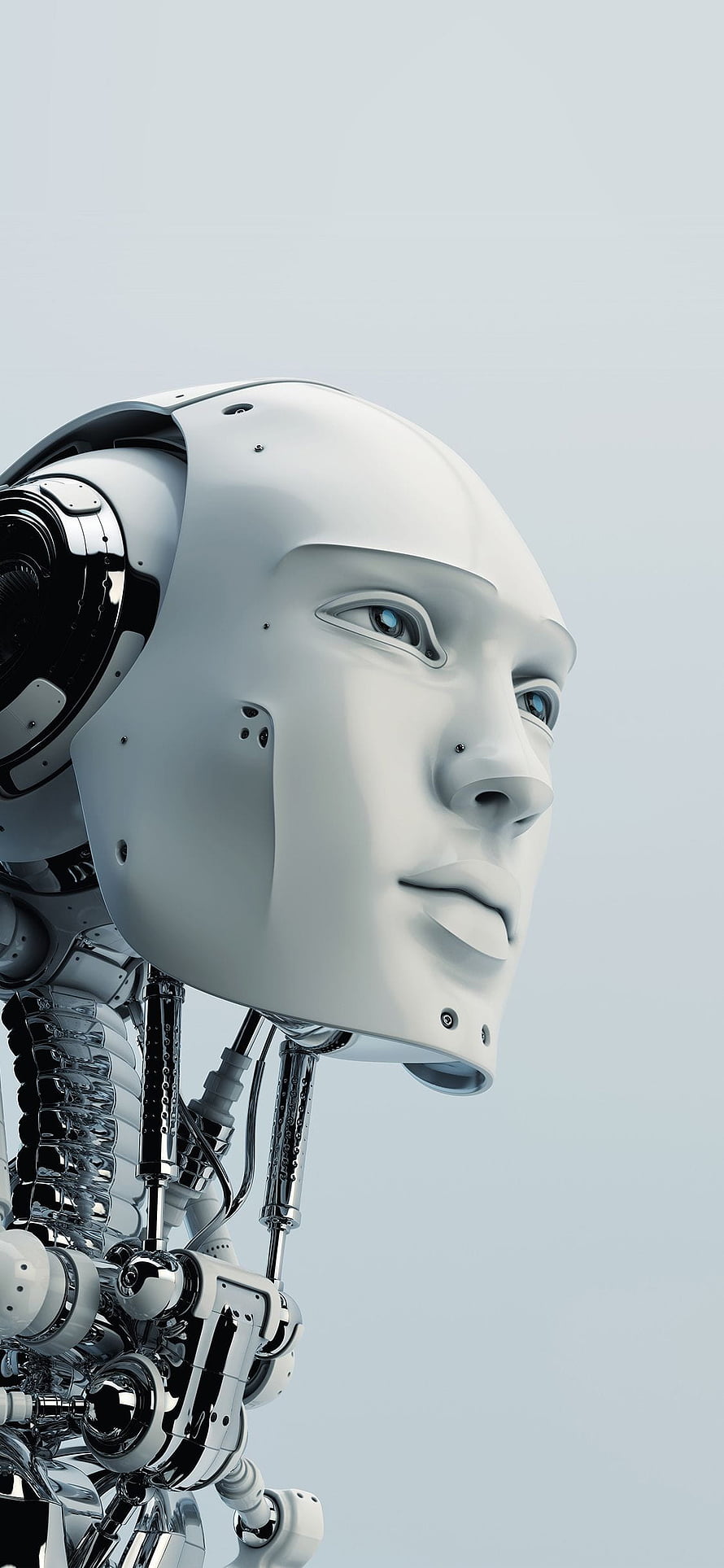 Futuristic Android Robot Head With Exposed Mechanical Neck And Blue Eyes HD phone wallpaper