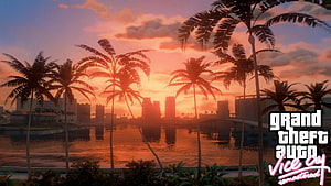 Grand Theft Auto Vice City Remastered Sunset Palm Trees Cityscape Wallpaper HD wallpaper
