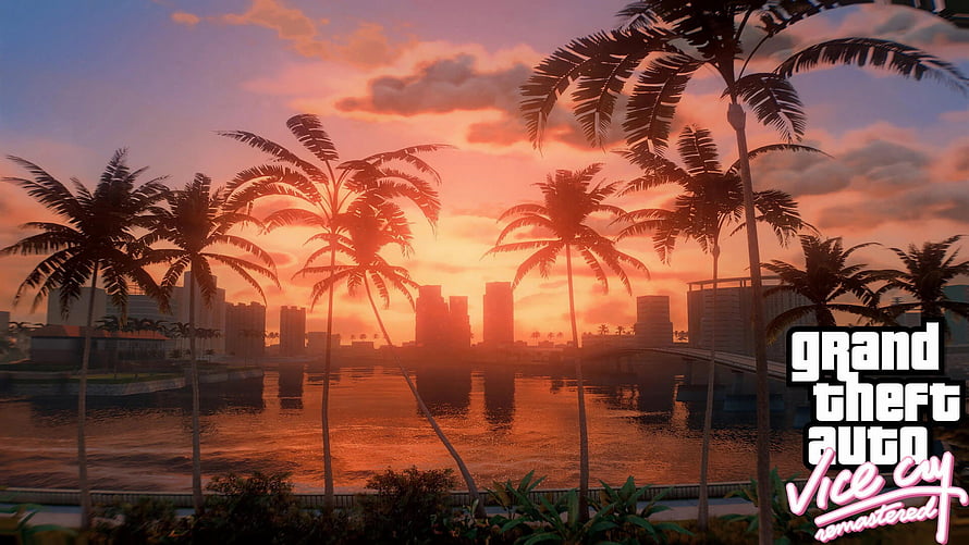 Grand Theft Auto Vice City Remastered Sunset Palm Trees Cityscape Wallpaper HD wallpaper