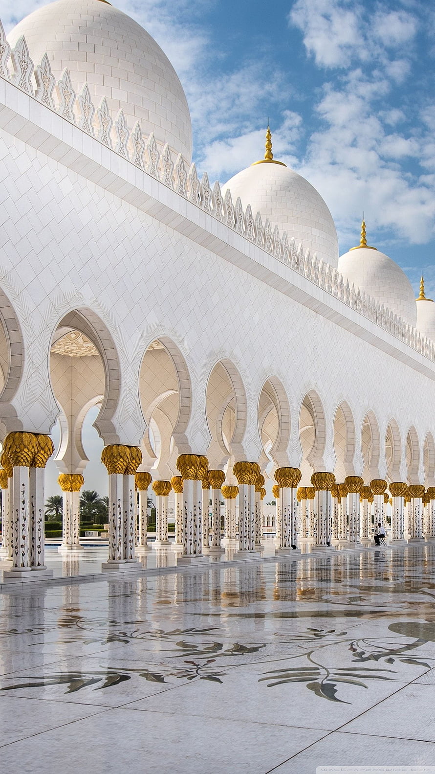 Sheikh Zayed Grand Mosque white marble arches and golden columns reflecting on polished floor HD phone wallpaper