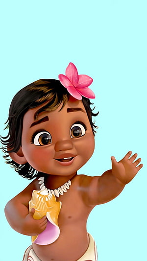 Baby Maui from Moana holding a seashell with a pink flower in hair HD phone wallpaper