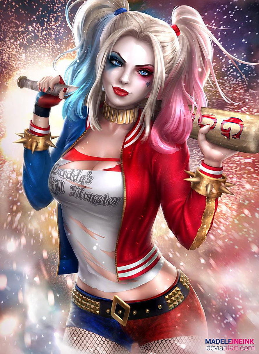 Harley Quinn in Classic Red and Blue Jacket Holding Baseball Bat HD phone wallpaper