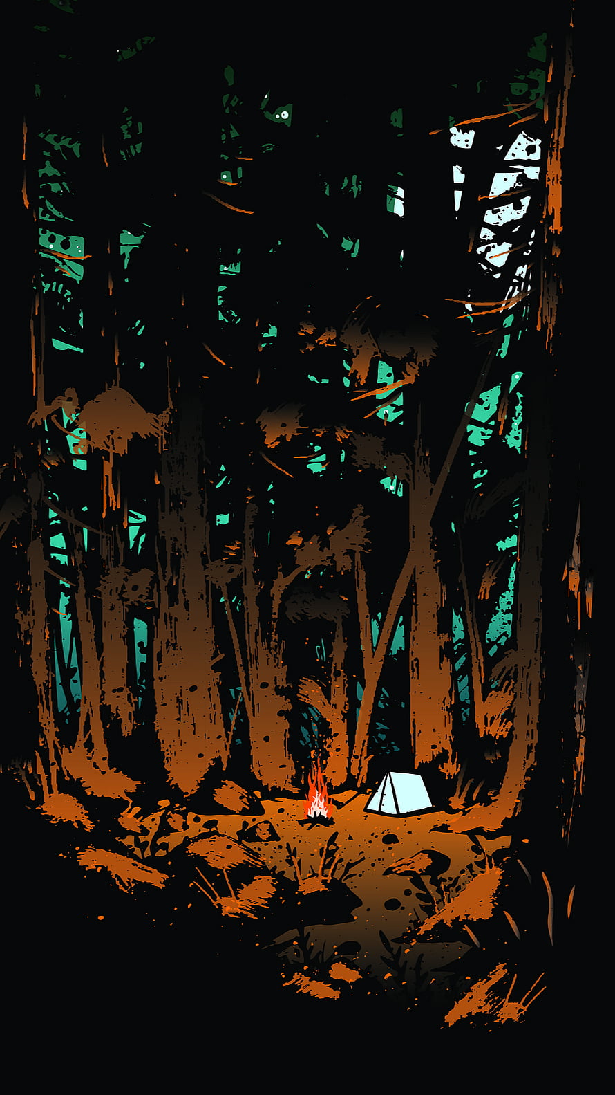 Dark Forest Campsite with Tent and Campfire at Night HD phone wallpaper