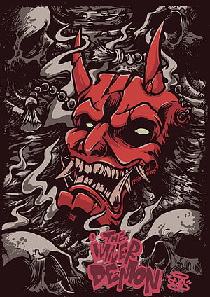 Red Hannya Demon Mask Illustration With Skulls And Smoke HD phone wallpaper