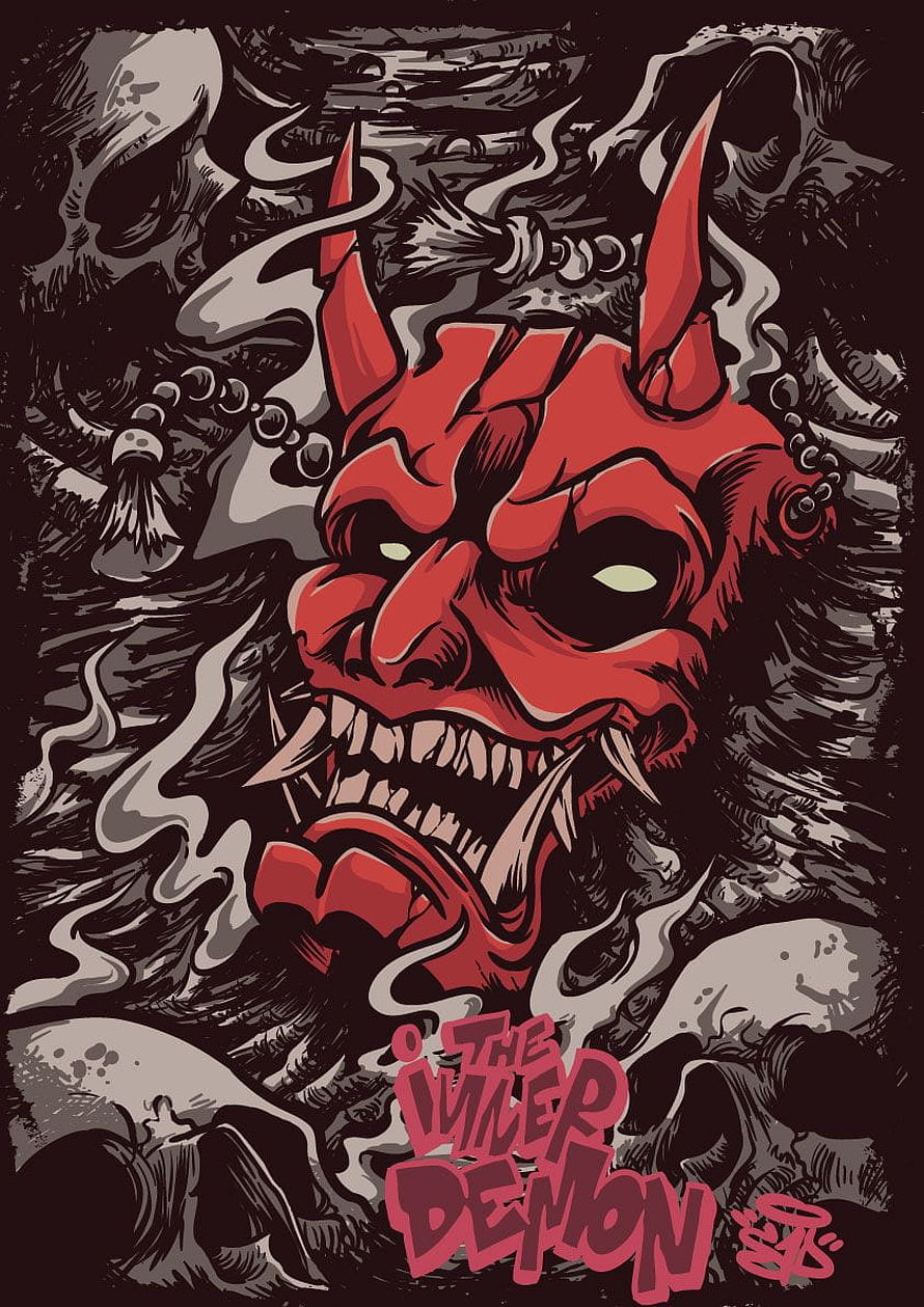 Red Hannya Demon Mask Illustration With Skulls And Smoke HD phone wallpaper