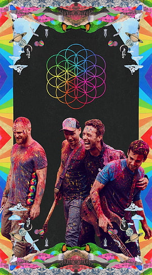 Coldplay band members covered in colorful paint with psychedelic collage background and flower of life symbol HD phone wallpaper