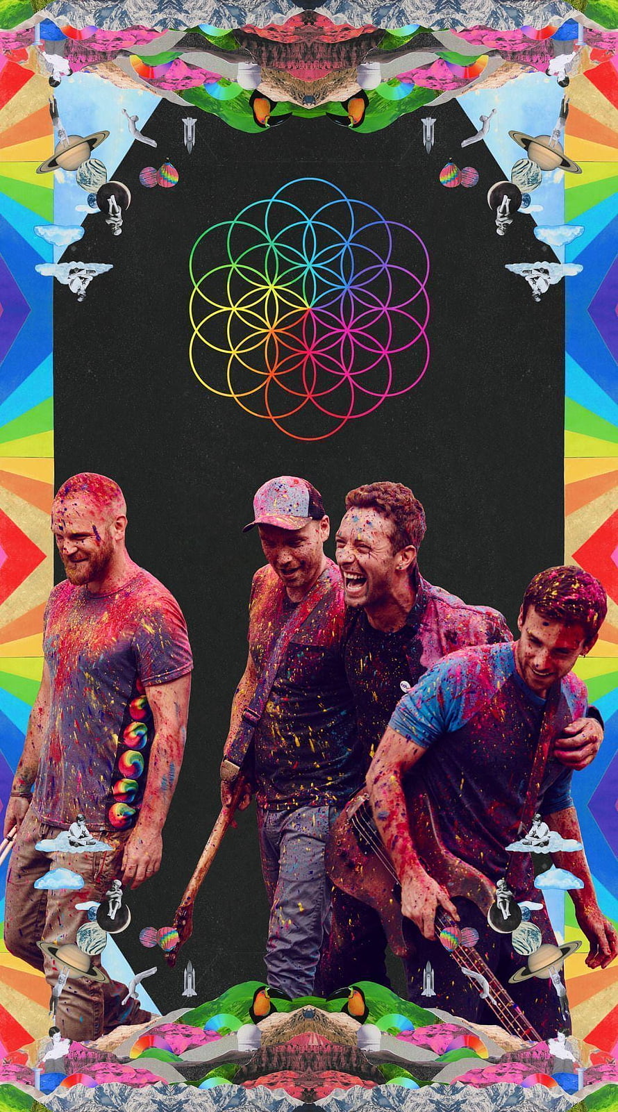Coldplay band members covered in colorful paint with psychedelic collage background and flower of life symbol HD phone wallpaper