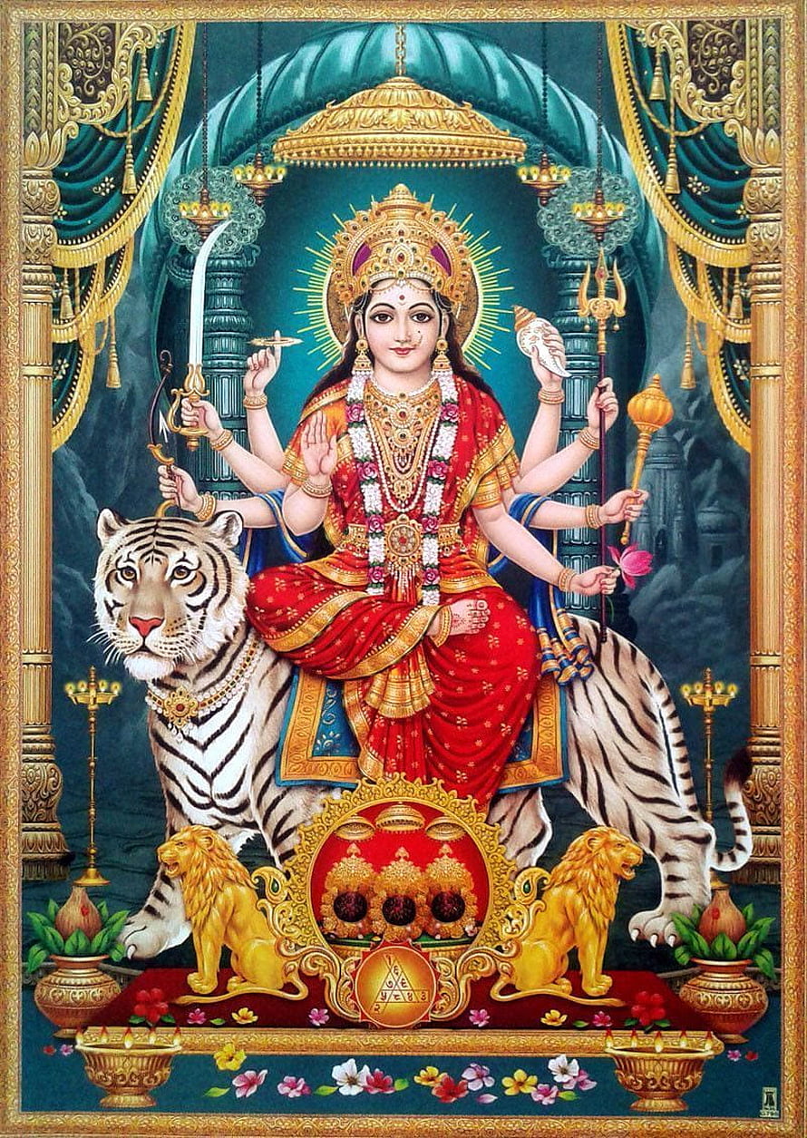 Maa Durga riding a tiger with multiple arms holding weapons and a conch shell in a traditional Indian painting HD phone wallpaper