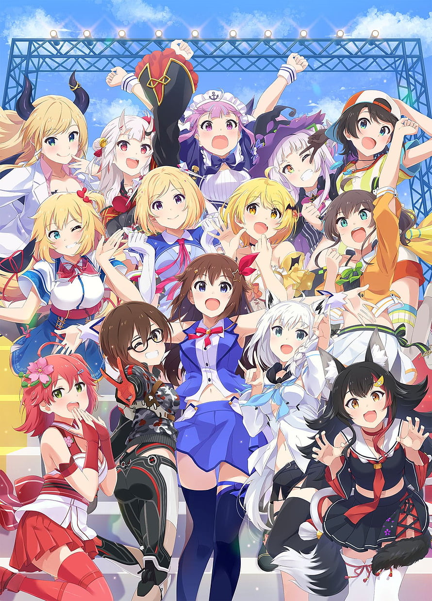 Hololive VTuber Group Portrait on Stage Under Bright Sky HD phone wallpaper