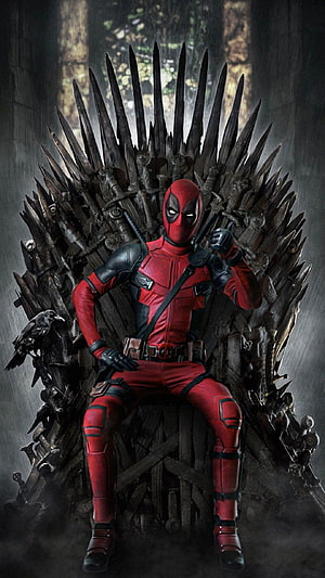 Deadpool Seated on the Iron Throne in a Dark Fantasy Setting HD phone wallpaper