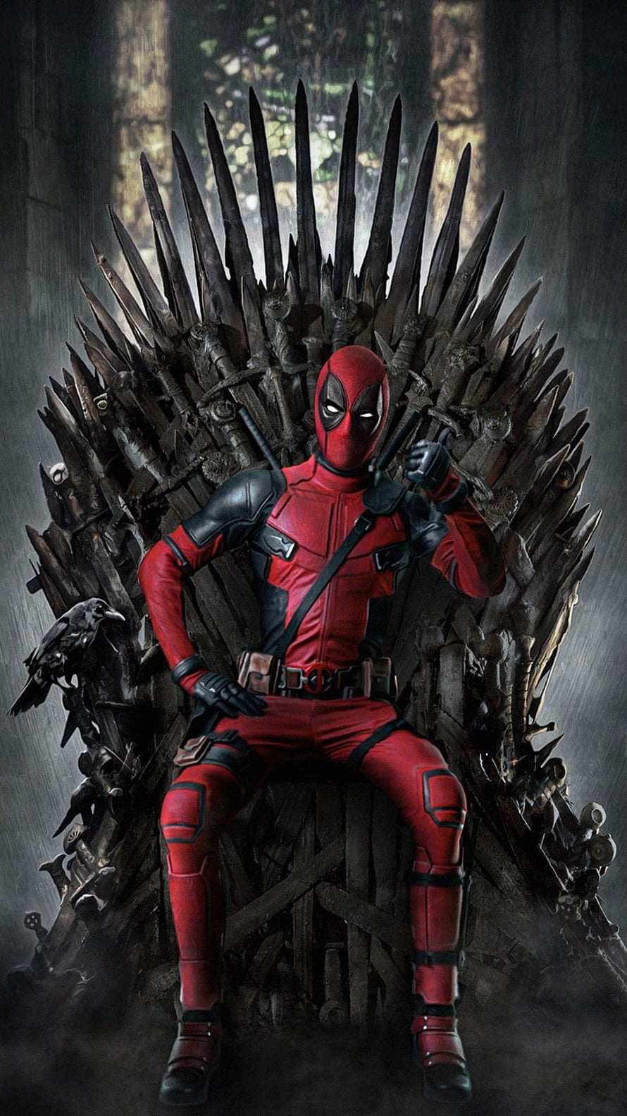 Deadpool Seated on the Iron Throne in a Dark Fantasy Setting HD phone wallpaper