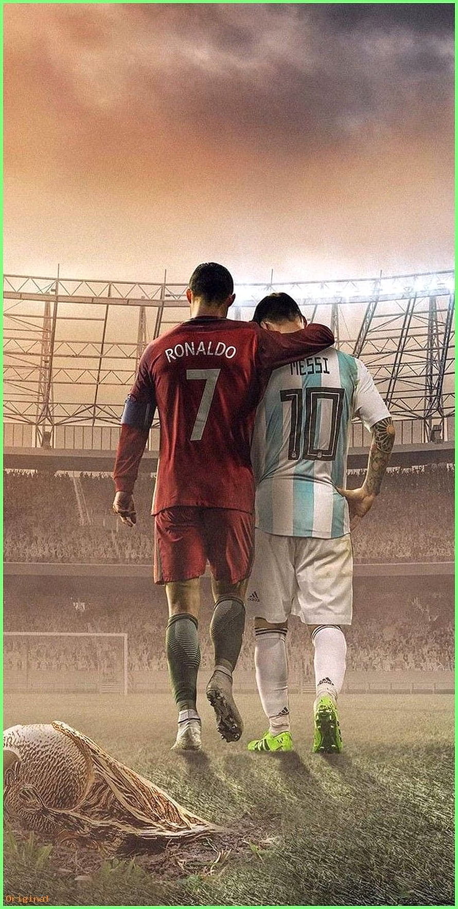 Cristiano Ronaldo and Lionel Messi Walking Together on Soccer Field HD phone wallpaper