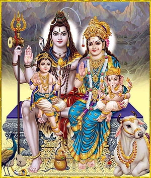 Hindu Deities Shiva Parvati Ganesha Kartikeya Family Portrait With Nandi Bull And Peacock HD phone wallpaper