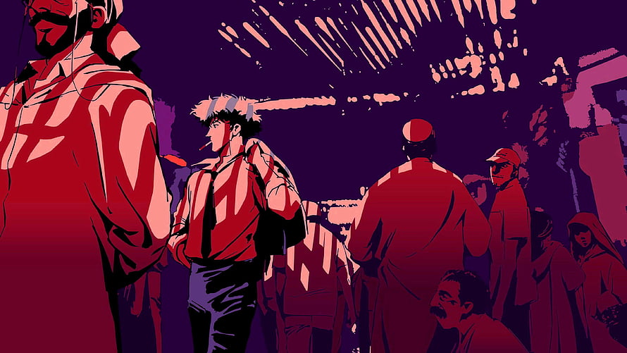 Cowboy Bebop Anime Scene with Spike and Jet in a Neon-Lit Crowd HD wallpaper