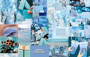 Blue Aesthetic Collage Featuring Summer Vibes, Ocean Scenes, and Pastel Tones HD wallpaper