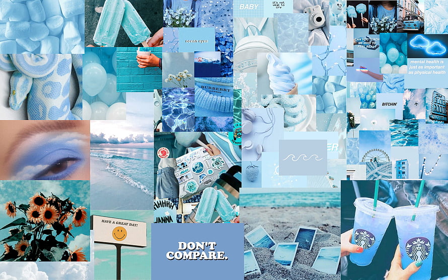 Blue Aesthetic Collage Featuring Summer Vibes, Ocean Scenes, and Pastel Tones HD wallpaper