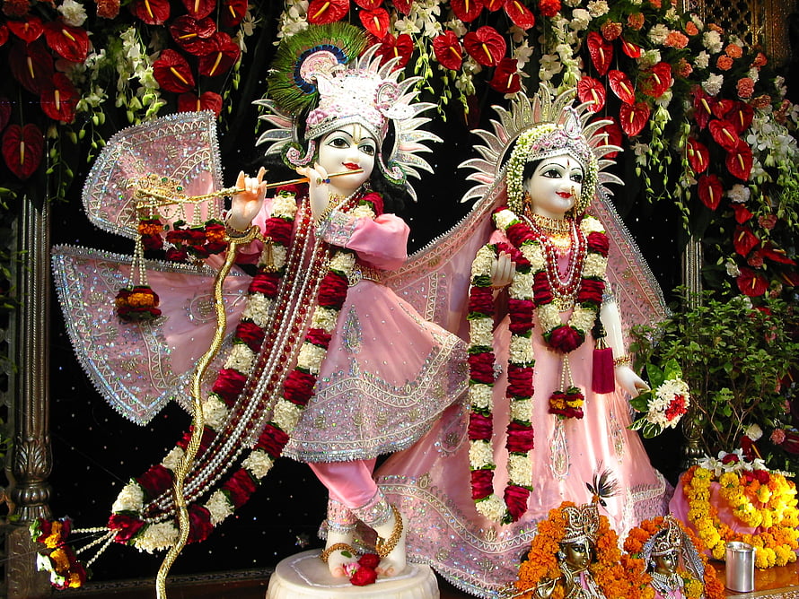 Radha Krishna idols adorned in pink silk and floral garlands playing flute HD wallpaper