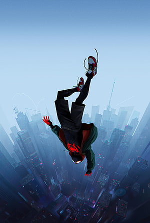 Miles Morales Spider-Man Free Falling Over New York City Skyline, Into the Spider, spider man across the spider verse HD phone wallpaper