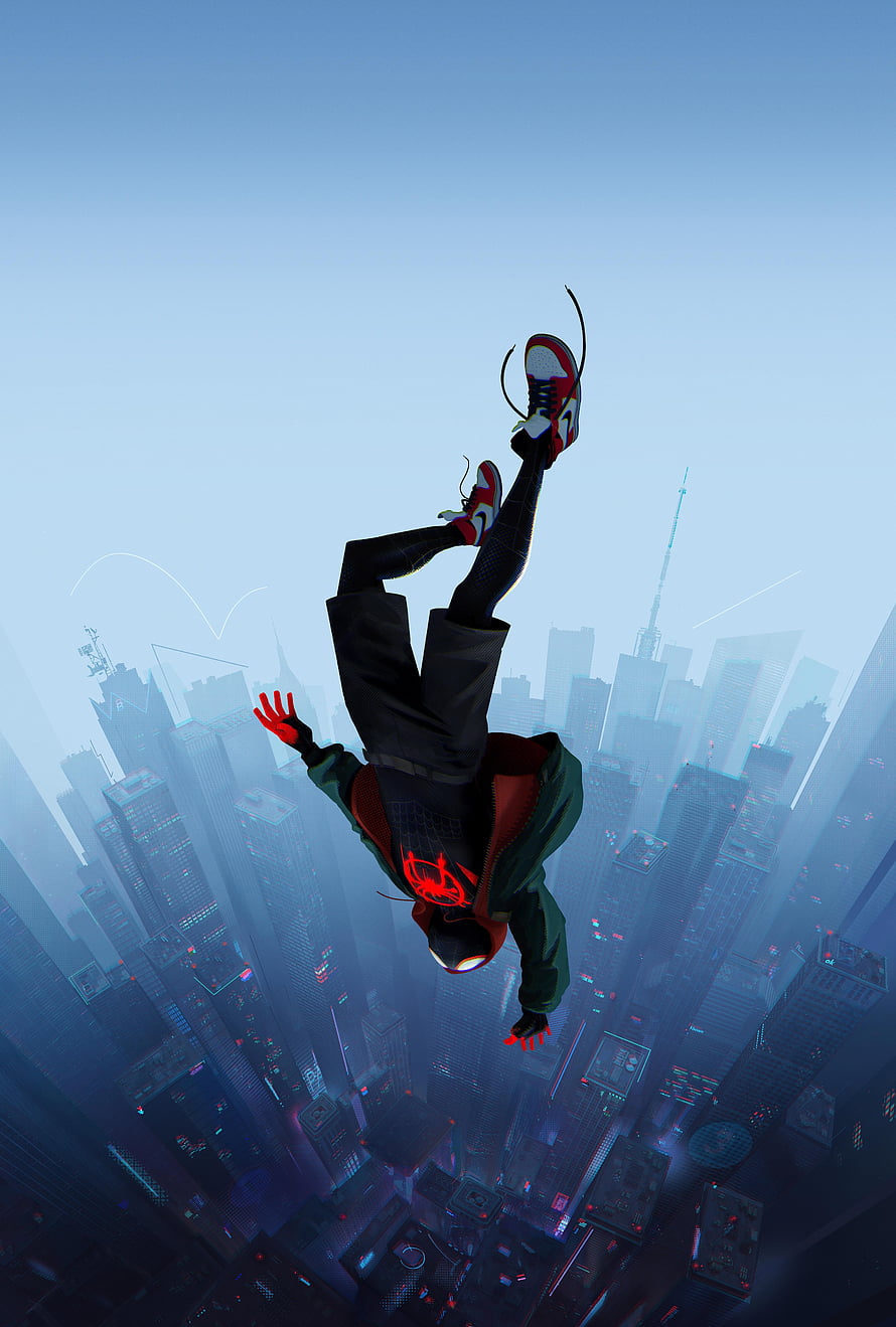 Miles Morales Spider-Man Free Falling Over New York City Skyline, Into the Spider, spider man across the spider verse HD phone wallpaper