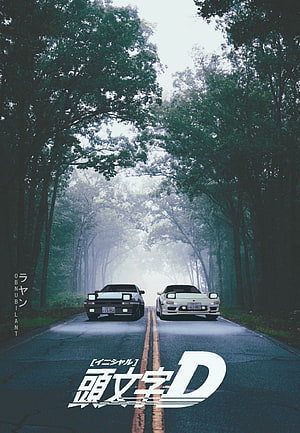 Initial D anime poster featuring AE86 and FD3S RX-7 racing on a misty mountain road HD phone wallpaper