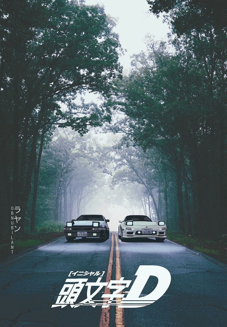 Initial D anime poster featuring AE86 and FD3S RX-7 racing on a misty mountain road HD phone wallpaper