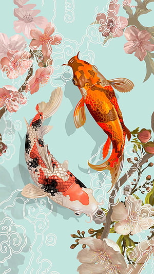 Elegant Koi Fish and Cherry Blossoms Japanese Art Wallpaper HD phone wallpaper