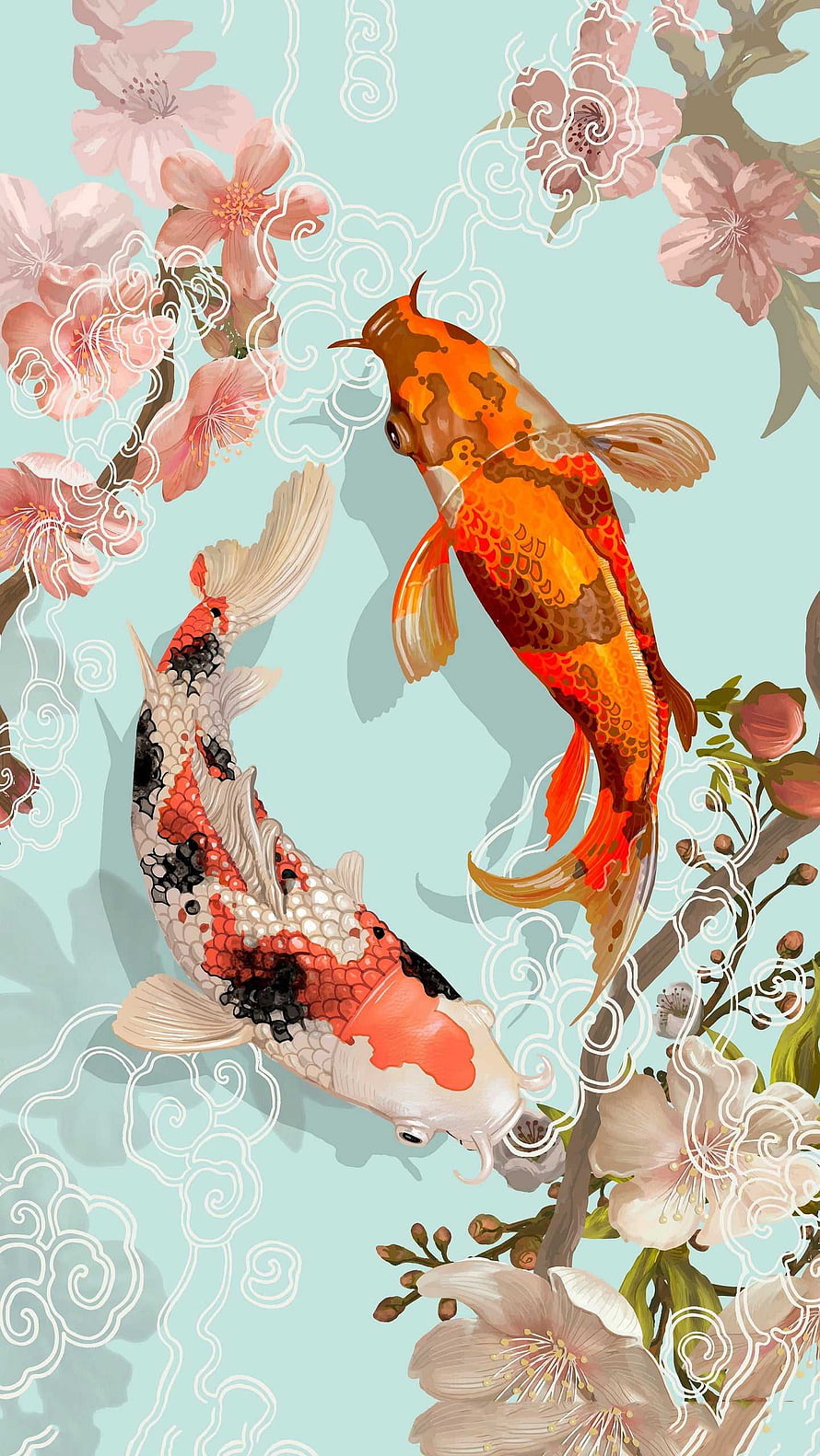 Elegant Koi Fish and Cherry Blossoms Japanese Art Wallpaper HD phone wallpaper