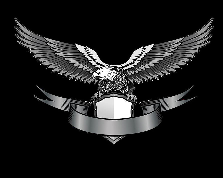 Monochrome Eagle Crest with Shield and Ribbon Banner on Black Background HD wallpaper