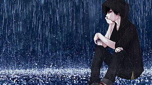 Melancholic Anime Boy Sitting Alone in Heavy Rain with Hood Up HD wallpaper