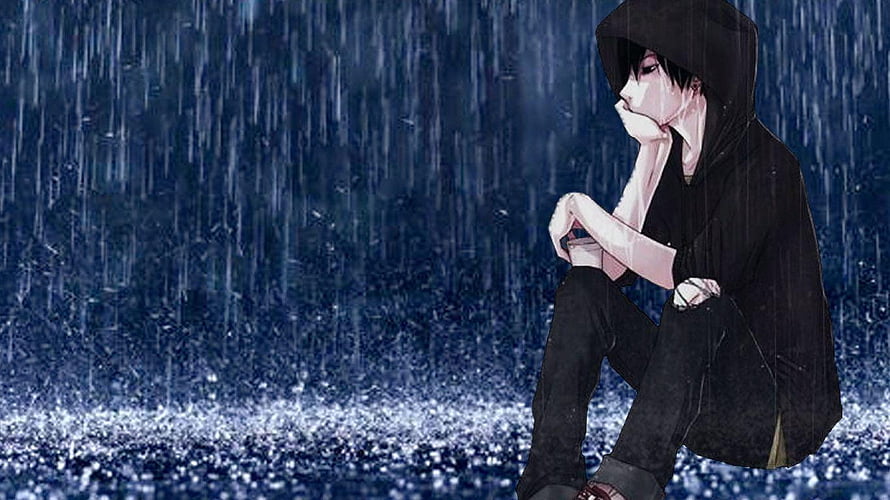 Melancholic Anime Boy Sitting Alone in Heavy Rain with Hood Up HD wallpaper