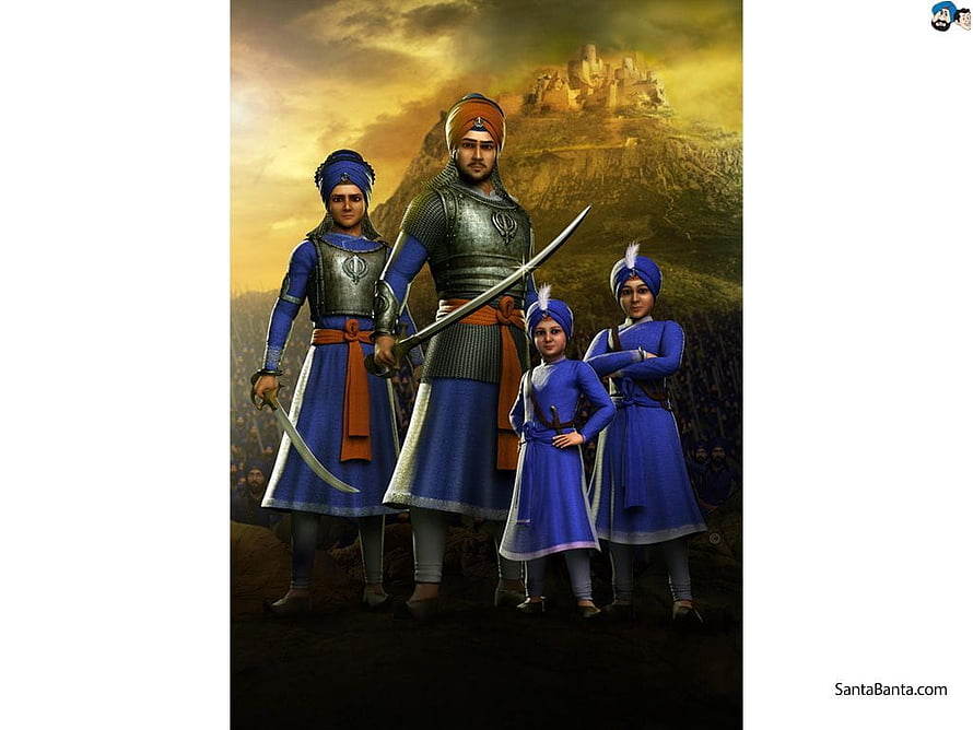 Chaar Sahibzaade 3D Animated Warriors in Blue Turbans and Armor Before a Hilltop Fort HD wallpaper