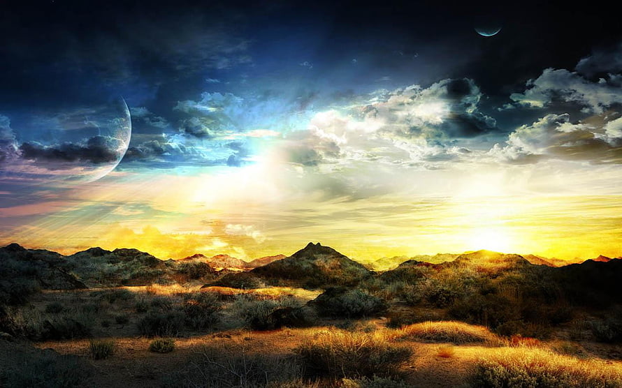 Alien Desert Landscape with Twin Moons and Dramatic Sunset Sky HD wallpaper