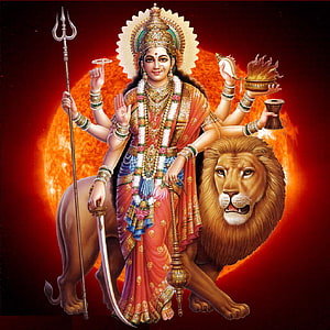 Goddess Durga Riding Lion with Trishul and Sword Hindu Mythology Art HD phone wallpaper