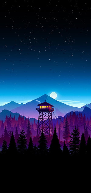 Nighttime Forest Landscape With Illuminated Fire Tower And Starry Sky HD phone wallpaper