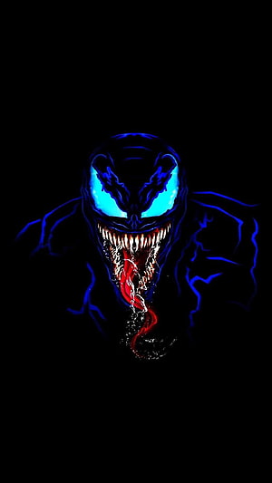 Venom Glowing Blue Eyes and Fangs on Black Background HD phone wallpaper