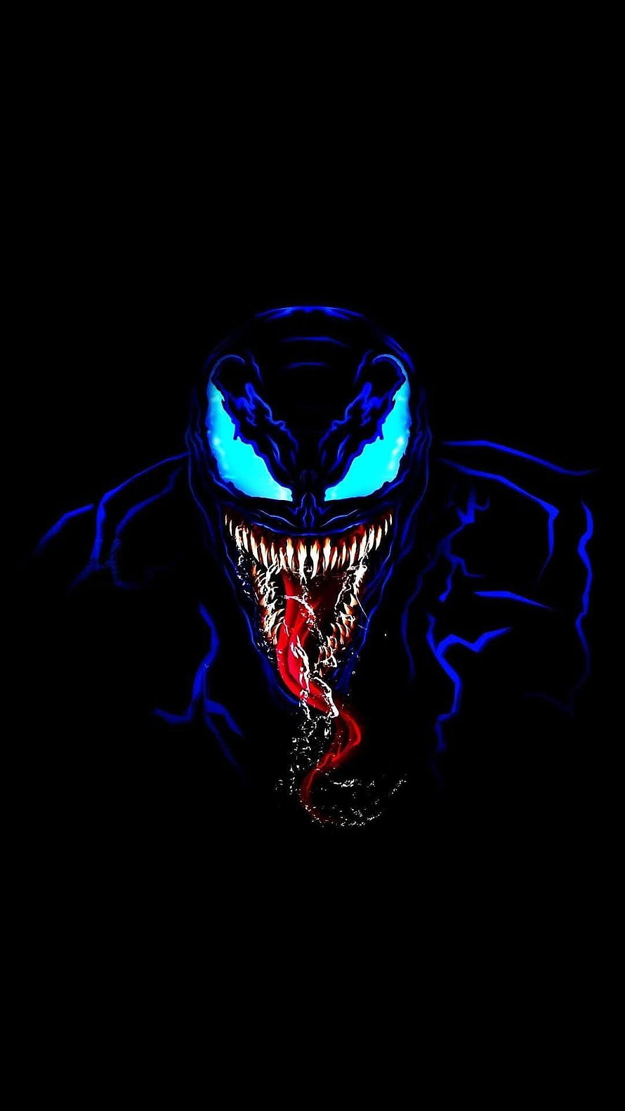 Venom Glowing Blue Eyes and Fangs on Black Background HD phone wallpaper